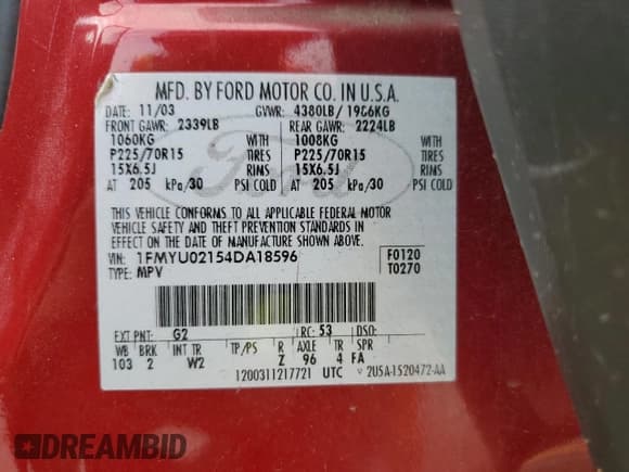 ✅ 2004 Ford Escape XLS • VIN: 1FMYU02154DA18596 • Lot: 68042325. Listed on Copart with 92,927 mi. Free auction sales archive from the USA and detailed vehicle history report at DreamBid. Image 12.