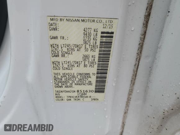 ✅ 2016 Nissan NV SL • VIN: 5BZAF0AA2GN851630 • Lot: 71766904. Listed on Copart with 76,691 mi. Free auction sales archive from the USA and detailed vehicle history report at DreamBid. Image 13.