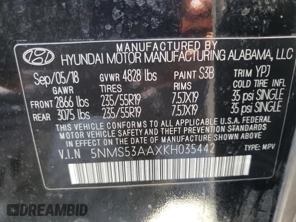 ✅ 2019 Hyundai Santa Fe Limited • VIN: 5NMS53AAXKH035442 • Lot: 57291753. Listed on Copart with 68,672 mi. Free auction sales archive from the USA and detailed vehicle history report at DreamBid. Image 13.