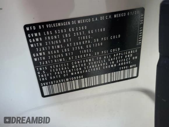 ✅ 2020 Volkswagen Tiguan S • VIN: 3VV1B7AX9LM109904 • Lot: 86404955. Wystawiony na Copart z przebiegiem 60 383 mil. Bezpłatny archiwum sprzedaży aukcyjnych z USA i szczegółowy raport historii pojazdu na DreamBid. Zdjęcie 14.