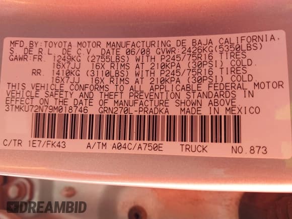 ✅ 2009 Toyota Tacoma PreRunner • VIN: 3TMKU72N79M018746 • Lot: 42045163. Listed on IAAI with 152,649 mi. Free auction sales archive from the USA and detailed vehicle history report at DreamBid. Image 9.
