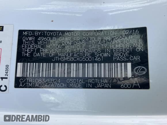 ✅ 2016 Lexus RC 300 F Sport • VIN: JTHSM5BCXG5001461 • Lot: 82190393. Listed on Copart with 131,790 mi. Free auction sales archive from the USA and detailed vehicle history report at DreamBid. Image 10.