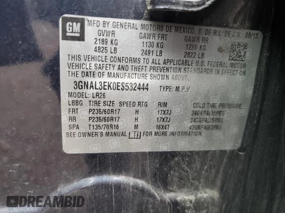 ✅ 2014 Chevrolet Captiva Sport LT • VIN: 3GNAL3EK0ES532444 • Lot: 55356955. Wystawiony na Copart z przebiegiem 110 628 mil. Bezpłatny archiwum sprzedaży aukcyjnych z USA i szczegółowy raport historii pojazdu na DreamBid. Zdjęcie 12.