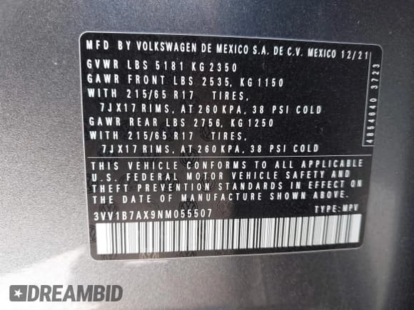 ✅ 2022 Volkswagen Tiguan S • VIN: 3VV1B7AX9NM055507 • Лот: 41383597. Опубликован ранее на IAAI с пробегом 25 546 миль. Бесплатный доступ к архиву аукционных продаж из США и подробный отчёт об истории автомобиля на DreamBid. Изображение 9.