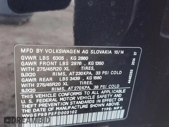 ✅ 2015 Volkswagen Touareg Executive • VIN: WVGEP9BP3FD003102 • Lot: 73227624. Listed on Copart with Not provided. Free auction sales archive from the USA and detailed vehicle history report at DreamBid. Image 13.