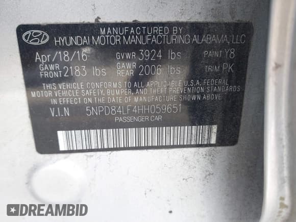 ✅ 2017 Hyundai Elantra Limited • VIN: 5NPD84LF4HH059651 • Lot: 41801071. Listed on IAAI with 126,589 mi. Free auction sales archive from the USA and detailed vehicle history report at DreamBid. Image 9.