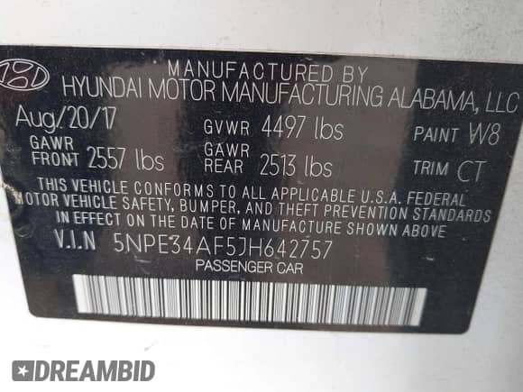 2018 Hyundai Sonata SEL with VIN 5NPE34AF5JH642757, listed as a IAAI auction lot 43307782 with 96,315 mi miles and . Bid and sale history available at DreamBid. Image 9.