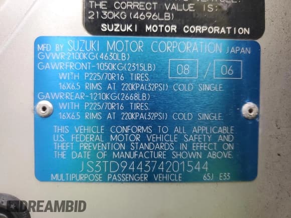 ✅ 2007 Suzuki Grand Vitara XSport • VIN: JS3TD944374201544 • Lot: 43526655. Wystawiony na Copart z przebiegiem 121 020 mil. Bezpłatny archiwum sprzedaży aukcyjnych z USA i szczegółowy raport historii pojazdu na DreamBid. Zdjęcie 13.