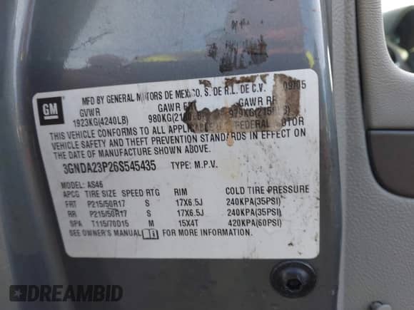 2006 Chevrolet HHR LT with VIN 3GNDA23P26S545435, listed as a IAAI auction lot 43385176 with 180,584 mi miles and . Bid and sale history available at DreamBid. Image 9.