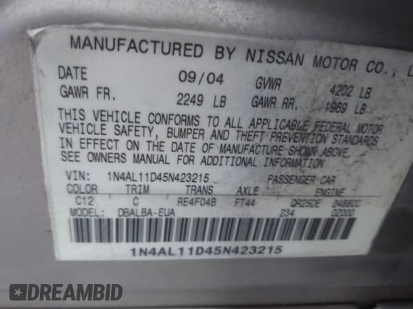 ✅ 2005 Nissan Altima S • VIN: 1N4AL11D45N423214 • Lot: 43390585. Listed on IAAI with 142,045 mi. Free auction sales archive from the USA and detailed vehicle history report at DreamBid. Image 9.