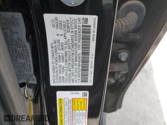 ✅ 2023 Honda Civic Sport • VIN: 2HGFE2F5XPH524676 • Lot: 55958665. Listed on Copart with 25,316 mi. Free auction sales archive from the USA and detailed vehicle history report at DreamBid. Image 12.