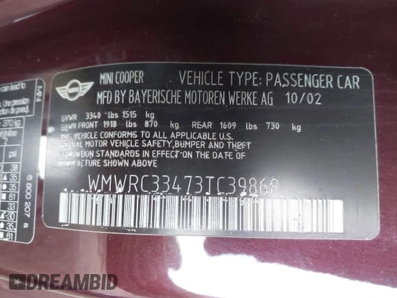 ✅ 2003 MINI Hardtop • VIN: WMWRC33473TC39868 • Lot: 41279678. Listed on IAAI with 162,005 mi. Free auction sales archive from the USA and detailed vehicle history report at DreamBid. Image 9.