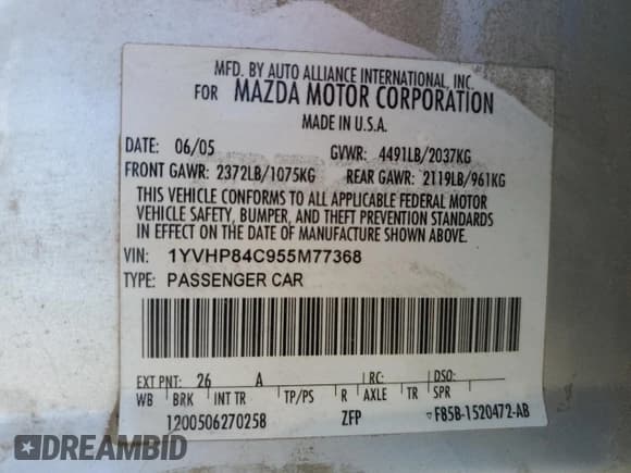 ✅ 2005 Mazda 6 Sport • VIN: 1YVHP84C955M77368 • Lot: 53888505. Listed on Copart with 168,732 mi. Free auction sales archive from the USA and detailed vehicle history report at DreamBid. Image 13.