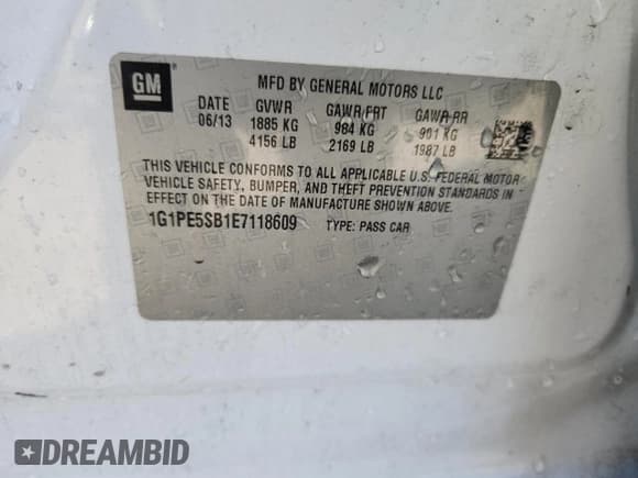 ✅ 2014 Chevrolet Cruze 2LT • VIN: 1G1PE5SB1E7118609 • Lot: 91602285. Listed on Copart with 121,245 mi. Free auction sales archive from the USA and detailed vehicle history report at DreamBid. Image 12.