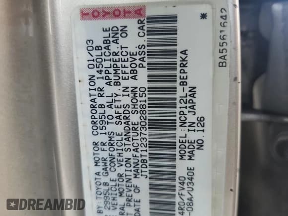 ✅ 2003 Toyota ECHO • VIN: JTDBT123730288150 • Лот: 81500825. Опубликован ранее на Copart с пробегом Не указан. Бесплатный доступ к архиву аукционных продаж из США и подробный отчёт об истории автомобиля на DreamBid. Изображение 12.