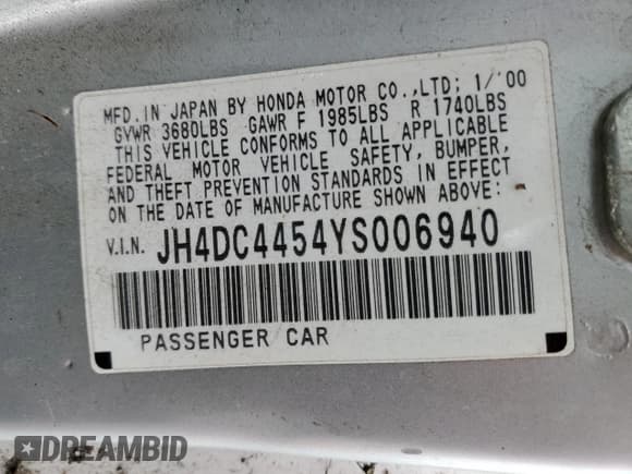 ✅ 2000 Acura Integra LS • VIN: JH4DC4454YS006940 • Lot: 54518205. Listed on Copart with 191,509 mi. Free auction sales archive from the USA and detailed vehicle history report at DreamBid. Image 12.