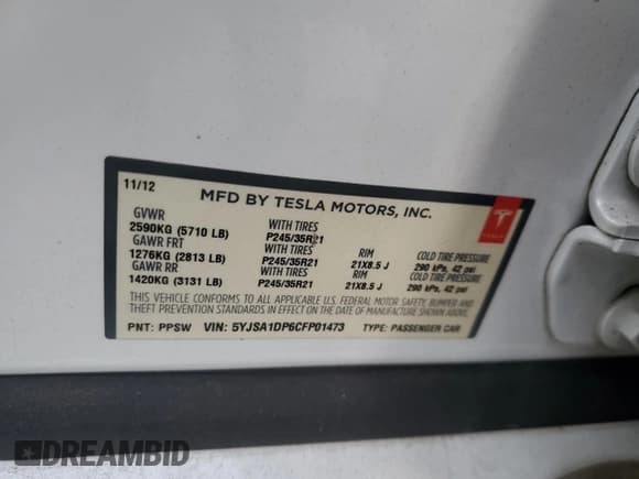 ✅ 2012 Tesla Model S Performance • VIN: 5YJSA1DP6CFP01473 • Lot: 92905865. Listed on Copart with Not provided. Free auction sales archive from the USA and detailed vehicle history report at DreamBid. Image 12.