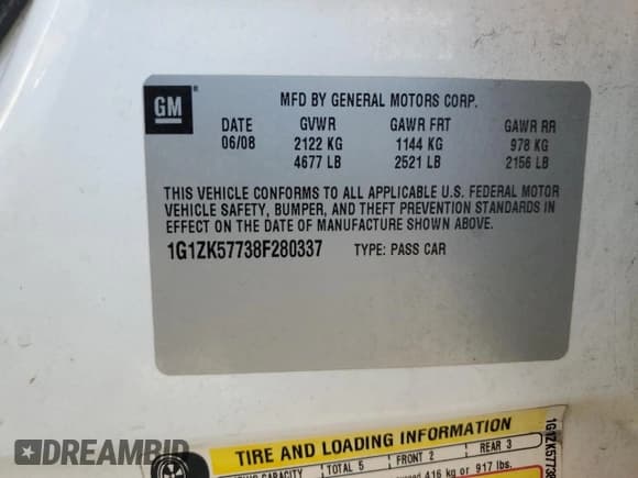 ✅ 2008 Chevrolet Malibu LTZ • VIN: 1G1ZK57738F280337 • Lot: 70522424. Listed on Copart with 194,476 mi. Free auction sales archive from the USA and detailed vehicle history report at DreamBid. Image 12.