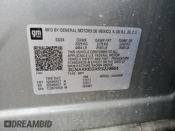 ✅ 2024 Chevrolet Equinox LT • VIN: 3GNAXKEGXRS228604 • Лот: 71779195. Опубликован ранее на Copart с пробегом Не указан. Бесплатный доступ к архиву аукционных продаж из США и подробный отчёт об истории автомобиля на DreamBid. Изображение 13.