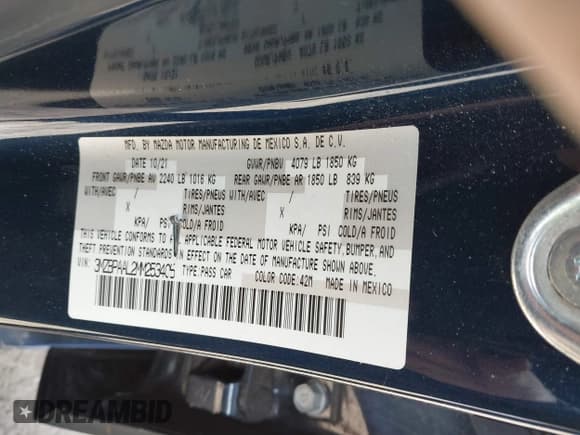 ✅ 2021 Mazda 3 S • VIN: 3MZBPAAL2MM253405 • Lot: 41836752. Listed on IAAI with 63 mi. Free auction sales archive from the USA and detailed vehicle history report at DreamBid. Image 9.