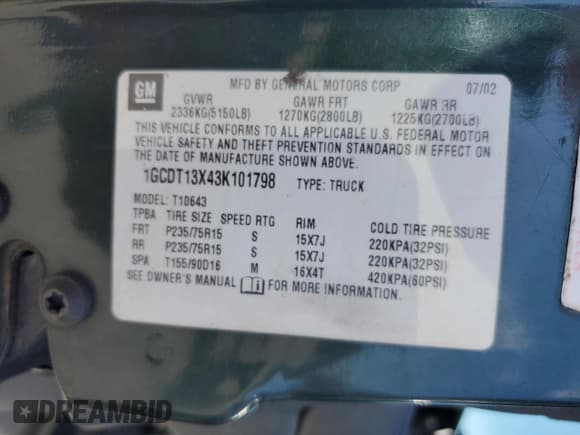 ✅ 2003 Chevrolet S-10 LS • VIN: 1GCDT13X43K101798 • Лот: 50692465. Опубликован ранее на Copart с пробегом 252 686 миль. Бесплатный доступ к архиву аукционных продаж из США и подробный отчёт об истории автомобиля на DreamBid. Изображение 15.