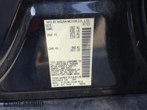 ✅ 2013 Nissan Altima S • VIN: 1N4BL3AP6DC916818 • Lot: 43888349. Listed on IAAI with 132,301 mi. Free auction sales archive from the USA and detailed vehicle history report at DreamBid. Image 9.