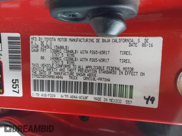 ✅ 2017 Toyota Tacoma SR5 • VIN: 3TMDZ5BN7HM014046 • Lot: 43777744. Listed on IAAI with 130,773 mi. Free auction sales archive from the USA and detailed vehicle history report at DreamBid. Image 9.