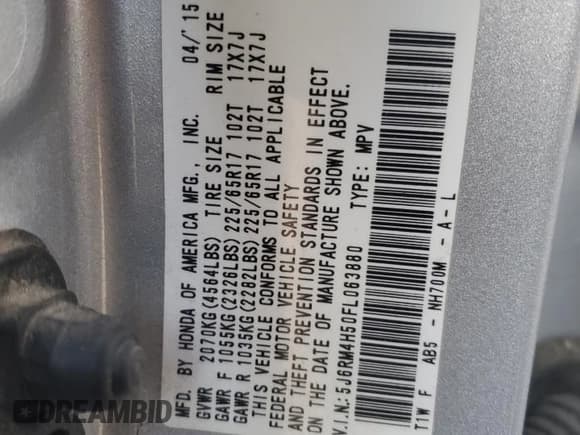 ✅ 2015 Honda CR-V EX • VIN: 5J6RM4H50FL063880 • Lot: 92641105. Listed on Copart with 149,038 mi. Free auction sales archive from the USA and detailed vehicle history report at DreamBid. Image 13.