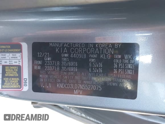 ✅ 2022 Kia Niro EX • VIN: KNDCD3LD7N5527075 • Лот: 41226563. Опубликован ранее на IAAI с пробегом 67 540 миль. Бесплатный доступ к архиву аукционных продаж из США и подробный отчёт об истории автомобиля на DreamBid. Изображение 9.