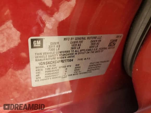 2015 Chevrolet Tahoe LTZ с VIN 1GNSKCKC4FR277564, выставлен на аукционе Copart как лот 84935565 с пробегом 150 512 миль миль и Чистый • Clean title. История ставок и продаж доступна на DreamBid. Изображение 13.