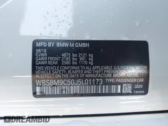 ✅ 2018 BMW M3 • VIN: WBS8M9C50J5L01173 • Лот: 43614130. Опубликован ранее на IAAI с пробегом 52 048 миль. Бесплатный доступ к архиву аукционных продаж из США и подробный отчёт об истории автомобиля на DreamBid. Изображение 9.