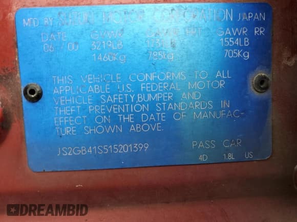 ✅ 2001 Suzuki Esteem GL • VIN: JS2GB41S515201399 • Lot: 57445725. Listed on Copart with 177,646 mi. Free auction sales archive from the USA and detailed vehicle history report at DreamBid. Image 12.