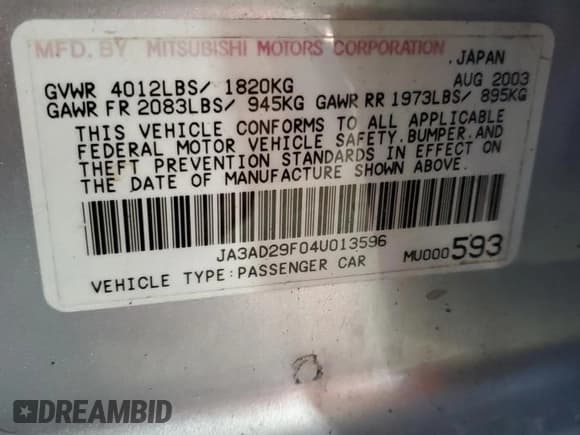 ✅ 2004 Mitsubishi Lancer • VIN: JA3AD29F04U013596 • Лот: 49725295. Опубликован ранее на Copart с пробегом 144 438 миль. Бесплатный доступ к архиву аукционных продаж из США и подробный отчёт об истории автомобиля на DreamBid. Изображение 15.