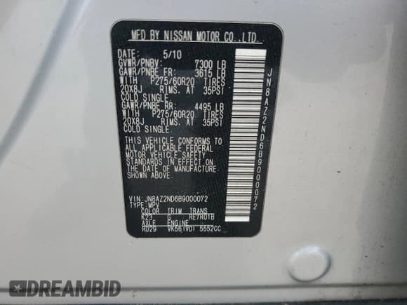 ✅ 2011 Infiniti QX56 8-passenger • VIN: JN8AZ2ND6B9000072 • Lot: 69740315. Listed on Copart with 193,129 mi. Free auction sales archive from the USA and detailed vehicle history report at DreamBid. Image 13.