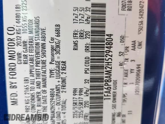 ✅ 2017 Ford Mustang V6 • VIN: 1FA6P8AM2H5294804 • Lot: 57181825. Listed on Copart with 96,551 mi. Free auction sales archive from the USA and detailed vehicle history report at DreamBid. Image 13.