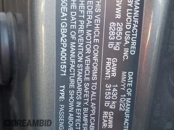 ✅ 2023 Lucid Air Grand Touring • VIN: 50EA1GBA2PA001571 • Lot: 71521965. Listed on Copart with Not provided. Free auction sales archive from the USA and detailed vehicle history report at DreamBid. Image 13.