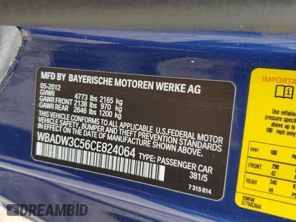 ✅ 2012 BMW 3 Series 328i • VIN: WBADW3C56CE824064 • Lot: 81512695. Listed on Copart with 86,213 mi. Free auction sales archive from the USA and detailed vehicle history report at DreamBid. Image 12.