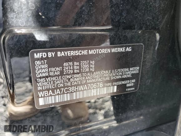 ✅ 2017 BMW 5 Series 530i xDrive • VIN: WBAJA7C38HWA70676 • Lot: 92920145. Listed on Copart with Not provided. Free auction sales archive from the USA and detailed vehicle history report at DreamBid. Image 12.