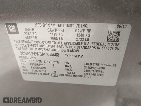 ✅ 2010 Chevrolet Equinox 2LT • VIN: 2CNALPEW5A6395363 • Lot: 43153087. Listed on IAAI with Not provided. Free auction sales archive from the USA and detailed vehicle history report at DreamBid. Image 9.