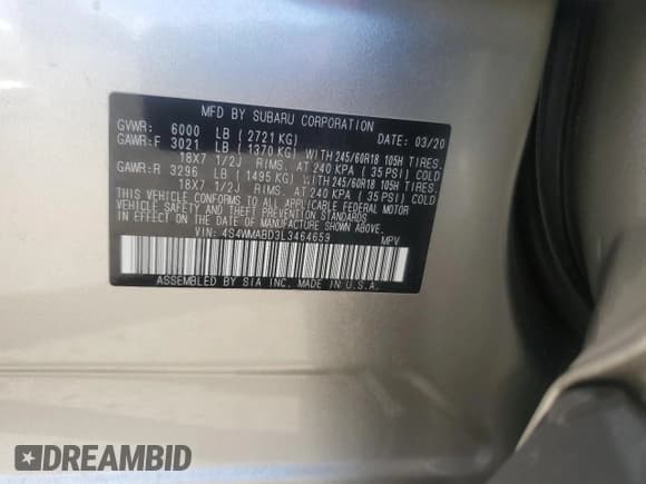 ✅ 2020 Subaru Ascent Premium • VIN: 4S4WMABD3L3464659 • Lot: 89692845. Listed on Copart with 75,255 mi. Free auction sales archive from the USA and detailed vehicle history report at DreamBid. Image 13.