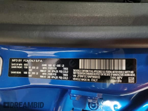 ✅ 2022 FIAT 500X • VIN: ZFBNF3C19NP969033 • Lot: 53536525. Listed on Copart with 37,961 mi. Free auction sales archive from the USA and detailed vehicle history report at DreamBid. Image 13.