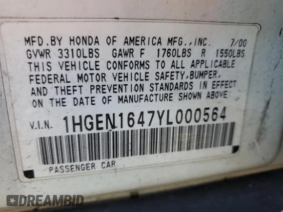 ✅ 2000 Honda Civic • VIN: 1HGEN1647YL000564 • Лот: 45484615. Опубликован ранее на Copart с пробегом 122 506 миль. Бесплатный доступ к архиву аукционных продаж из США и подробный отчёт об истории автомобиля на DreamBid. Изображение 12.