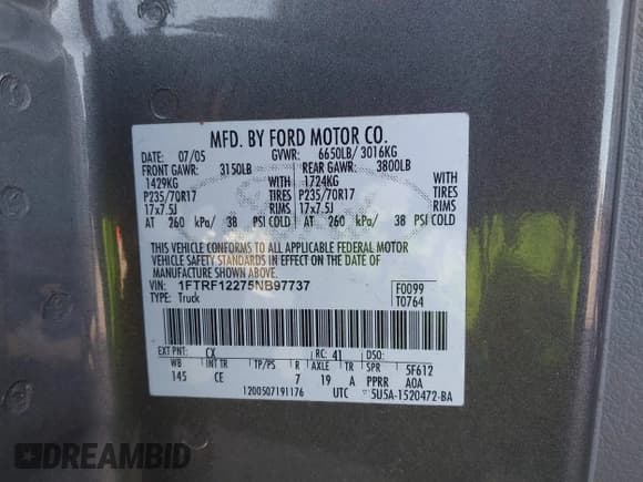 ✅ 2005 Ford F-150 XL • VIN: 1FTRF12275NB97737 • Лот: 43682128. Опубликован ранее на IAAI с пробегом 142 630 миль. Бесплатный доступ к архиву аукционных продаж из США и подробный отчёт об истории автомобиля на DreamBid. Изображение 9.