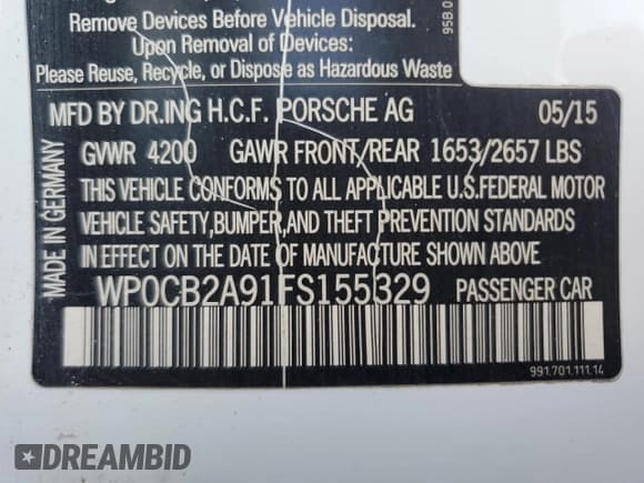 ✅ 2015 Porsche 911 Carrera S • VIN: WP0CB2A91FS155329 • Лот: 80475144. Опубликован ранее на Copart с пробегом Не указан. Бесплатный доступ к архиву аукционных продаж из США и подробный отчёт об истории автомобиля на DreamBid. Изображение 12.