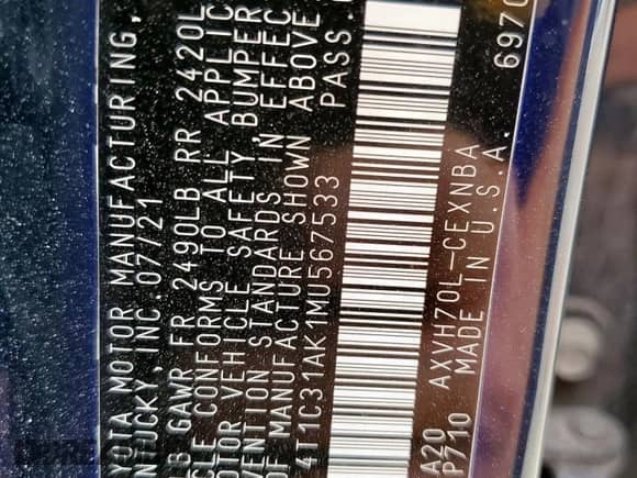 2021 Toyota Camry Hybrid LE with VIN 4T1C31AK1MU567533, listed as a Copart auction lot 71048195 with 126,793 mi miles and Salvage title. Bid and sale history available at DreamBid. Image 13.