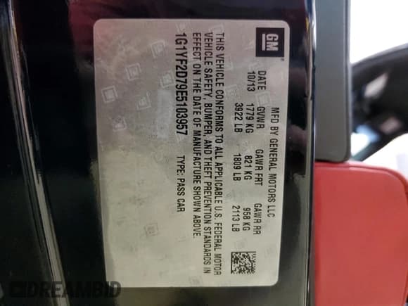 ✅ 2014 Chevrolet Corvette 3LT • VIN: 1G1YF2D79E5103957 • Lot: 44994505. Listed on Copart with 56,765 mi. Free auction sales archive from the USA and detailed vehicle history report at DreamBid. Image 12.