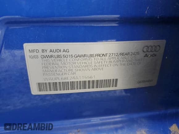 ✅ 2004 Audi S4 • VIN: WAUPL68E24A115561 • Лот: 43943165. Опубликован ранее на Copart с пробегом 152 648 миль. Бесплатный доступ к архиву аукционных продаж из США и подробный отчёт об истории автомобиля на DreamBid. Изображение 12.