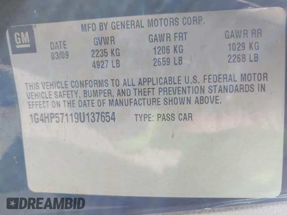 ✅ 2009 Buick Lucerne CX-2 • VIN: 1G4HP57119U137654 • Lot: 42069600. Listed on IAAI with 102,623 mi. Free auction sales archive from the USA and detailed vehicle history report at DreamBid. Image 9.