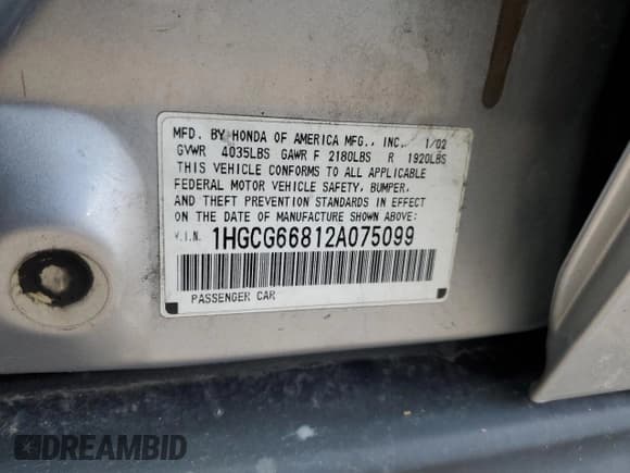 ✅ 2002 Honda Accord SE • VIN: 1HGCG66812A075099 • Lot: 86878255. Wystawiony na Copart z przebiegiem 223 838 mil. Bezpłatny archiwum sprzedaży aukcyjnych z USA i szczegółowy raport historii pojazdu na DreamBid. Zdjęcie 12.