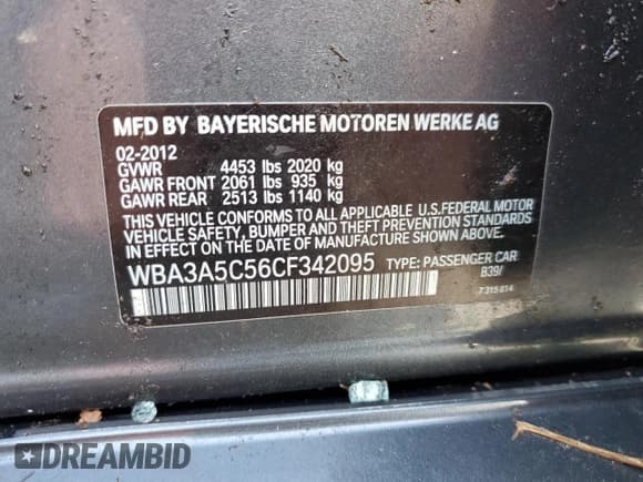 ✅ 2012 BMW 3 Series 328i • VIN: WBA3A5C56CF342095 • Lot: 52299665. Listed on Copart with Not provided. Free auction sales archive from the USA and detailed vehicle history report at DreamBid. Image 13.